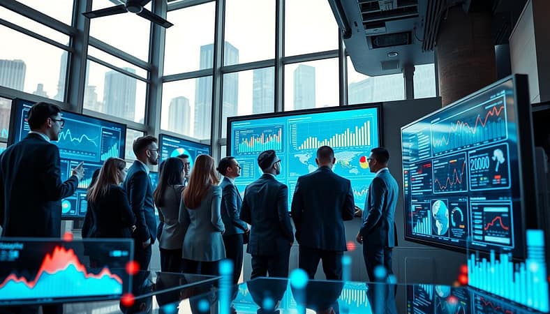 A futuristic office environment filled with advanced digital analytics screens displaying dynamic graphs and user behavior metrics. In the foreground, a diverse group of professionals in business attire, deeply engaged in a discussion, as they analyze the insights on the screens. The middle ground features an interactive digital whiteboard showcasing colorful charts and user journey maps, with glowing data points illuminating the room. The background includes large windows with an urban skyline, casting soft natural light that contrasts with the cool colors of the technology. The atmosphere is focused and innovative, conveying a sense of collaboration and the power of data-driven decisions in content creation. The image should have a slightly low-angle perspective, enhancing the grandeur of the office space. A futuristic office environment filled with advanced digital analytics screens displaying dynamic graphs and user behavior metrics. In the foreground, a diverse group of professionals in business attire, deeply engaged in a discussion, as they analyze the insights on the screens. The middle ground features an interactive digital whiteboard showcasing colorful charts and user journey maps, with glowing data points illuminating the room. The background includes large windows with an urban skyline, casting soft natural light that contrasts with the cool colors of the technology. The atmosphere is focused and innovative, conveying a sense of collaboration and the power of data-driven decisions in content creation. The image should have a slightly low-angle perspective, enhancing the grandeur of the office space.