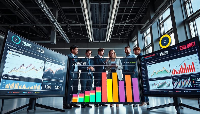 A high-tech, sleek dashboard featuring iterative optimization key metrics, displayed prominently on large monitors in a modern office environment. The foreground includes a series of colorful graphs and charts depicting performance metrics, A/B testing results, and user engagement statistics. In the middle, a diverse group of professionals, dressed in smart business attire, are analyzing the data, with some taking notes and discussing insights. The background features a minimalist office space with large windows that allow natural light to flood in, creating a vibrant and focused atmosphere. The overall mood is one of collaboration and innovation, emphasizing a data-driven approach to strategy and decision-making. The image should be captured from a slight upward angle to enhance the sense of dynamism and engagement among the team. A high-tech, sleek dashboard featuring iterative optimization key metrics, displayed prominently on large monitors in a modern office environment. The foreground includes a series of colorful graphs and charts depicting performance metrics, A/B testing results, and user engagement statistics. In the middle, a diverse group of professionals, dressed in smart business attire, are analyzing the data, with some taking notes and discussing insights. The background features a minimalist office space with large windows that allow natural light to flood in, creating a vibrant and focused atmosphere. The overall mood is one of collaboration and innovation, emphasizing a data-driven approach to strategy and decision-making. The image should be captured from a slight upward angle to enhance the sense of dynamism and engagement among the team.