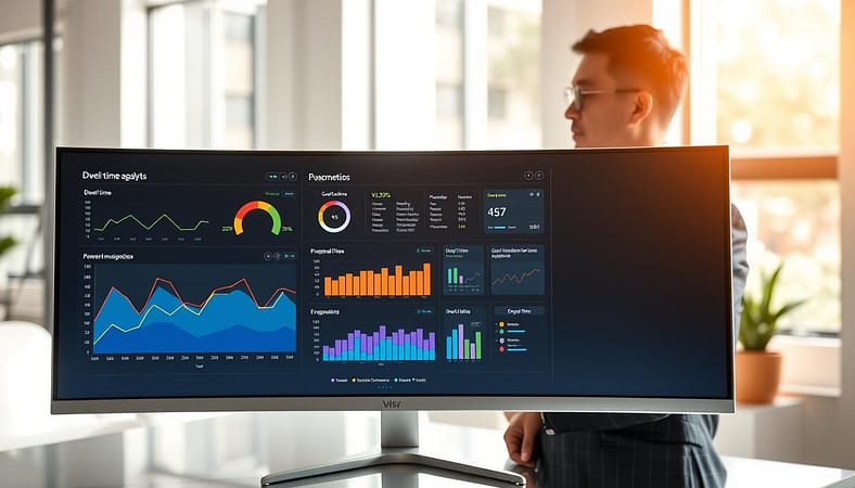 A modern dwell time visualization dashboard displayed on a sleek, high-resolution computer screen. The foreground features dynamic graphs and charts with vibrant colors, showcasing metrics like dwell time, engagement rates, and user interaction patterns. In the middle, a professional analyst wearing business attire intently observes the data, with various analytics tools open on the screen. The background includes a minimalistic office setting with soft, natural lighting filtering through large windows, creating a bright and focused atmosphere. The lens captures a slight depth of field, emphasizing the dashboard while softly blurring the office space behind. The overall mood conveys professionalism and analytical insight, suitable for a data-focused business environment. A modern dwell time visualization dashboard displayed on a sleek, high-resolution computer screen. The foreground features dynamic graphs and charts with vibrant colors, showcasing metrics like dwell time, engagement rates, and user interaction patterns. In the middle, a professional analyst wearing business attire intently observes the data, with various analytics tools open on the screen. The background includes a minimalistic office setting with soft, natural lighting filtering through large windows, creating a bright and focused atmosphere. The lens captures a slight depth of field, emphasizing the dashboard while softly blurring the office space behind. The overall mood conveys professionalism and analytical insight, suitable for a data-focused business environment.
