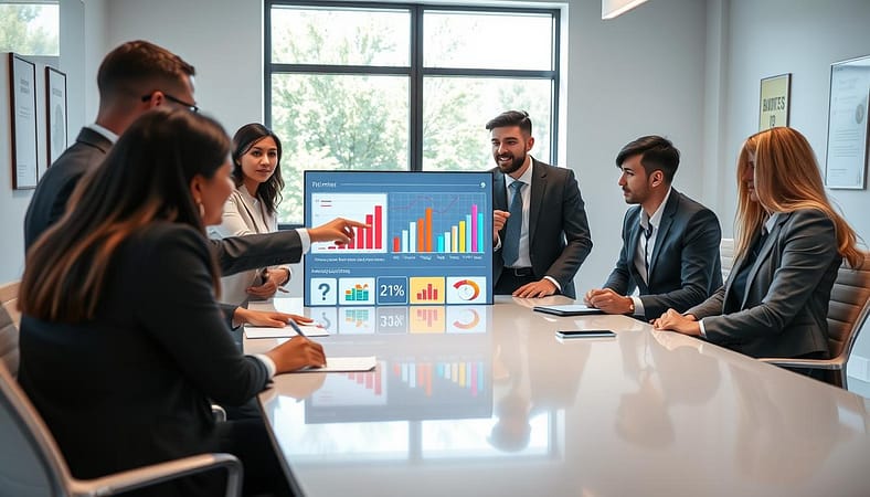 A professional and modern office setting, showcasing a diverse group of business professionals, all dressed in smart business attire, gathered around a sleek conference table. In the foreground, a young woman points to a digital screen displaying vibrant graphs and KPI metrics linking to overarching business goals like growth, engagement, and efficiency. In the middle, a man takes notes while another gestures enthusiastically, emphasizing collaboration and insight. The background reveals a large window with natural light pouring in, greenery outside, and subtle motivational posters on the wall. The atmosphere is focused and dynamic, embodying teamwork and strategic planning. The lighting is bright and inviting, highlighting the professionals' expressions of determination and creativity. A professional and modern office setting, showcasing a diverse group of business professionals, all dressed in smart business attire, gathered around a sleek conference table. In the foreground, a young woman points to a digital screen displaying vibrant graphs and KPI metrics linking to overarching business goals like growth, engagement, and efficiency. In the middle, a man takes notes while another gestures enthusiastically, emphasizing collaboration and insight. The background reveals a large window with natural light pouring in, greenery outside, and subtle motivational posters on the wall. The atmosphere is focused and dynamic, embodying teamwork and strategic planning. The lighting is bright and inviting, highlighting the professionals' expressions of determination and creativity.