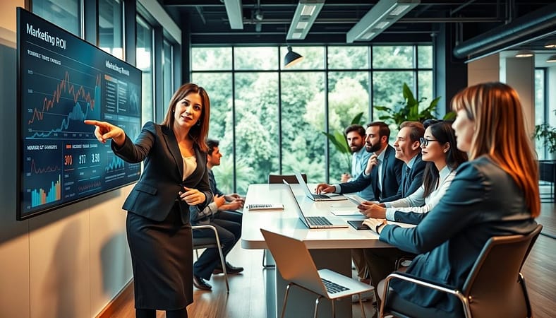 A professional business environment where a diverse group of individuals are collaborating on a marketing project. In the foreground, a confident woman in smart business attire points at a large digital screen displaying complex graphs and metrics related to marketing ROI. In the middle, a diverse team of professionals, including men and women, are seated around a sleek conference table, engaged in animated discussion, surrounded by laptops and notepads. In the background, large windows let in natural light, illuminating a modern office space with greenery. The atmosphere is one of determination and focus, highlighting teamwork and innovation in overcoming challenges. The scene captures a sense of urgency and motivation, with warm yet professional lighting emphasizing a productive work environment. A professional business environment where a diverse group of individuals are collaborating on a marketing project. In the foreground, a confident woman in smart business attire points at a large digital screen displaying complex graphs and metrics related to marketing ROI. In the middle, a diverse team of professionals, including men and women, are seated around a sleek conference table, engaged in animated discussion, surrounded by laptops and notepads. In the background, large windows let in natural light, illuminating a modern office space with greenery. The atmosphere is one of determination and focus, highlighting teamwork and innovation in overcoming challenges. The scene captures a sense of urgency and motivation, with warm yet professional lighting emphasizing a productive work environment.