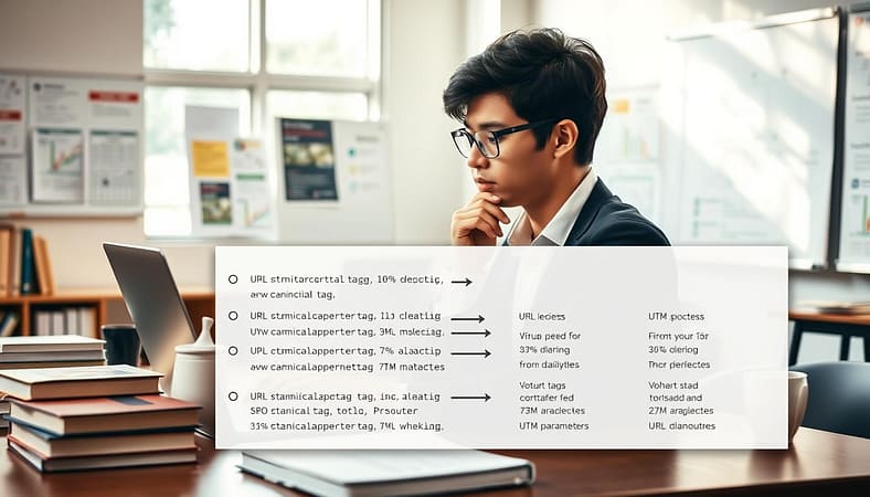 A visually engaging scene illustrating "canonical parameters SEO" in an educational context. In the foreground, a detailed graphical representation of URL structures, highlighting canonical tags and UTM parameters, with arrows and labels for clarity. The middle layer features a thoughtful student in professional attire, analyzing the graphs on a laptop, surrounded by books on SEO and digital marketing. In the background, a bright and modern classroom atmosphere with educational posters on the walls, large windows allowing natural light, and a whiteboard filled with diagrams. The lighting is warm and inviting, creating an atmosphere of learning and discovery, shot from a slightly elevated angle for a comprehensive view. A visually engaging scene illustrating "canonical parameters SEO" in an educational context. In the foreground, a detailed graphical representation of URL structures, highlighting canonical tags and UTM parameters, with arrows and labels for clarity. The middle layer features a thoughtful student in professional attire, analyzing the graphs on a laptop, surrounded by books on SEO and digital marketing. In the background, a bright and modern classroom atmosphere with educational posters on the walls, large windows allowing natural light, and a whiteboard filled with diagrams. The lighting is warm and inviting, creating an atmosphere of learning and discovery, shot from a slightly elevated angle for a comprehensive view.