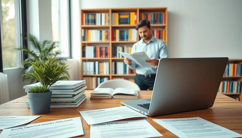 A clear and inviting workspace focusing on a professional setting for readability. In the foreground, a well-organized wooden desk with a laptop open, surrounded by neatly stacked documents displaying simple, concise text snippets and infographics. A potted plant adds a touch of greenery. In the middle, a person dressed in business casual clothing, such as a crisp shirt and slacks, is seen thoughtfully reviewing a document while highlighting key points. In the background, natural light streams through a large window, illuminating a bookshelf filled with colorful, well-indexed books on writing and communication. The atmosphere is calm and focused, emphasizing clarity and professionalism, while encouraging a sense of accessibility in written content. A clear and inviting workspace focusing on a professional setting for readability. In the foreground, a well-organized wooden desk with a laptop open, surrounded by neatly stacked documents displaying simple, concise text snippets and infographics. A potted plant adds a touch of greenery. In the middle, a person dressed in business casual clothing, such as a crisp shirt and slacks, is seen thoughtfully reviewing a document while highlighting key points. In the background, natural light streams through a large window, illuminating a bookshelf filled with colorful, well-indexed books on writing and communication. The atmosphere is calm and focused, emphasizing clarity and professionalism, while encouraging a sense of accessibility in written content.