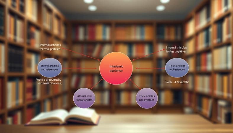 A detailed diagram illustrating an academic paper citation and internal linking structure for SEO, featuring a central node symbolizing the main academic paper. Surrounding it, smaller nodes represent internal links to pillar articles and references, connected by clean, elegant lines. Include two to four nodes for trustworthy external citations, each distinctly separated. The foreground should highlight these nodes with vibrant colors, while the middle ground should show subtle gradients to depict depth. In the background, a soft blur of blurred scholarly texts and bookshelves to maintain focus on the diagram. The lighting should be bright, suggesting clarity and professionalism, evoking a sense of academic rigor. The overall mood should inspire organized thinking and research integrity. A detailed diagram illustrating an academic paper citation and internal linking structure for SEO, featuring a central node symbolizing the main academic paper. Surrounding it, smaller nodes represent internal links to pillar articles and references, connected by clean, elegant lines. Include two to four nodes for trustworthy external citations, each distinctly separated. The foreground should highlight these nodes with vibrant colors, while the middle ground should show subtle gradients to depict depth. In the background, a soft blur of blurred scholarly texts and bookshelves to maintain focus on the diagram. The lighting should be bright, suggesting clarity and professionalism, evoking a sense of academic rigor. The overall mood should inspire organized thinking and research integrity.
