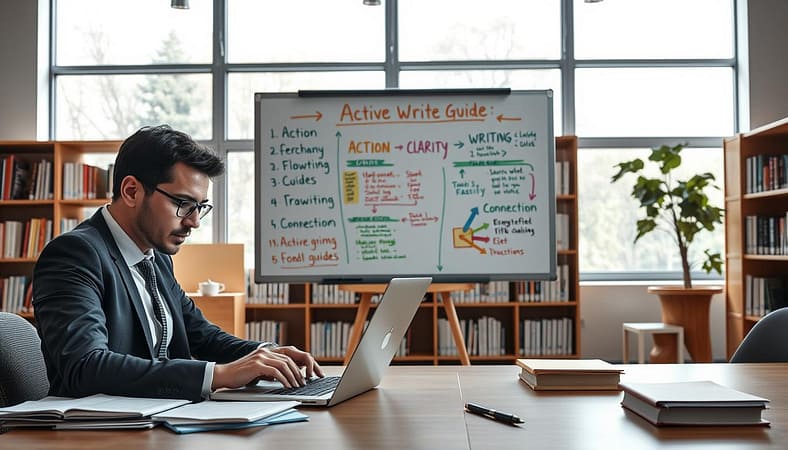 A dynamic office scene illustrating the concept of "active voice and transitions in writing." In the foreground, a focused professional in smart attire is typing on a laptop, surrounded by notes and references. In the middle, an organized whiteboard displays vibrant charts, keywords like "action," "clarity," and "connection" illustrated with colorful arrows symbolizing flow and transitions in writing. The background features a modern, well-lit workspace with large windows letting in natural light, and bookshelves filled with writing guides. The atmosphere is energetic and productive, reflecting concentration and creativity. The lighting is bright and inviting, emphasizing clarity and engagement in the writing process. A dynamic office scene illustrating the concept of "active voice and transitions in writing." In the foreground, a focused professional in smart attire is typing on a laptop, surrounded by notes and references. In the middle, an organized whiteboard displays vibrant charts, keywords like "action," "clarity," and "connection" illustrated with colorful arrows symbolizing flow and transitions in writing. The background features a modern, well-lit workspace with large windows letting in natural light, and bookshelves filled with writing guides. The atmosphere is energetic and productive, reflecting concentration and creativity. The lighting is bright and inviting, emphasizing clarity and engagement in the writing process.