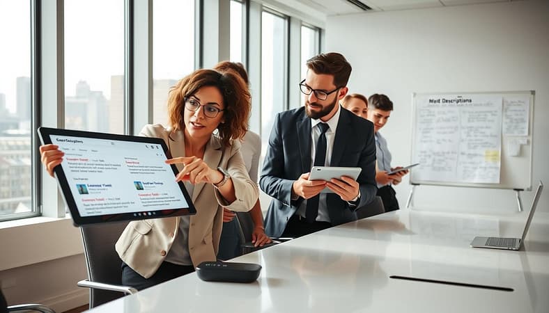A modern office setting featuring a diverse group of professionals intently focused around a sleek conference table. In the foreground, a middle-aged woman in professional attire points to a digital display of search engine result pages (SERP), demonstrating engagement with colorful meta descriptions. Beside her, a young man, also in business attire, takes notes on a tablet, showing curiosity and enthusiasm. In the middle ground, a whiteboard filled with brainstorming notes and example meta descriptions is visible. The background showcases large windows with a city skyline, allowing natural light to illuminate the room, creating a vibrant and collaborative atmosphere. The angle is slightly elevated, capturing the energy of the team as they analyze and discuss their work, emphasizing innovation in digital marketing. A modern office setting featuring a diverse group of professionals intently focused around a sleek conference table. In the foreground, a middle-aged woman in professional attire points to a digital display of search engine result pages (SERP), demonstrating engagement with colorful meta descriptions. Beside her, a young man, also in business attire, takes notes on a tablet, showing curiosity and enthusiasm. In the middle ground, a whiteboard filled with brainstorming notes and example meta descriptions is visible. The background showcases large windows with a city skyline, allowing natural light to illuminate the room, creating a vibrant and collaborative atmosphere. The angle is slightly elevated, capturing the energy of the team as they analyze and discuss their work, emphasizing innovation in digital marketing.