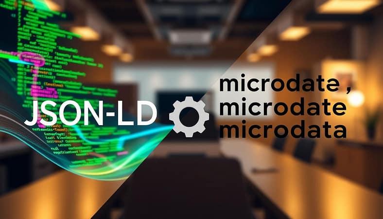 A split-screen image comparing JSON-LD and microdata. In the foreground, showcase a visually appealing digital representation of JSON-LD code, styled in vibrant colors like green and blue, flowing like abstract art across the left side. On the right, depict microdata as structured text, arranged neatly in a clean, professional font, colored in shades of gray and black. In the middle ground, add a stylized graphic symbolizing their functionalities, such as a light bulb for ideas and a gear for mechanics. The background should be a softly blurred tech-themed workspace with warm lighting, evoking a collaborative atmosphere. The perspective should be slightly angled, offering depth to the comparison, and the overall mood should be informative yet engaging, capturing the essence of digital data structuring. A split-screen image comparing JSON-LD and microdata. In the foreground, showcase a visually appealing digital representation of JSON-LD code, styled in vibrant colors like green and blue, flowing like abstract art across the left side. On the right, depict microdata as structured text, arranged neatly in a clean, professional font, colored in shades of gray and black. In the middle ground, add a stylized graphic symbolizing their functionalities, such as a light bulb for ideas and a gear for mechanics. The background should be a softly blurred tech-themed workspace with warm lighting, evoking a collaborative atmosphere. The perspective should be slightly angled, offering depth to the comparison, and the overall mood should be informative yet engaging, capturing the essence of digital data structuring.