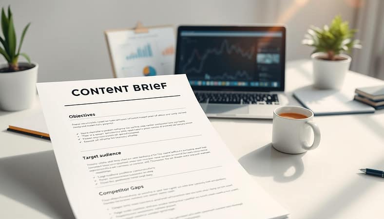 A visually appealing content brief template laid out on a clean, modern desktop workspace. In the foreground, the template is displayed prominently, featuring sections for objectives, target audience, three key takeaways, and competitor gaps. The middle of the scene shows a stylish laptop partially visible with analytics charts and SEO tools on the screen. The background incorporates soft-focus elements like a notepad with a pen, a latte in a mug, and a potted plant, creating a cozy yet professional atmosphere. The lighting is bright and inspiring, reminiscent of a sunlit office, with a slight lens flare effect. The overall mood conveys focus, creativity, and productivity, ideal for an SEO content brief setting. A visually appealing content brief template laid out on a clean, modern desktop workspace. In the foreground, the template is displayed prominently, featuring sections for objectives, target audience, three key takeaways, and competitor gaps. The middle of the scene shows a stylish laptop partially visible with analytics charts and SEO tools on the screen. The background incorporates soft-focus elements like a notepad with a pen, a latte in a mug, and a potted plant, creating a cozy yet professional atmosphere. The lighting is bright and inspiring, reminiscent of a sunlit office, with a slight lens flare effect. The overall mood conveys focus, creativity, and productivity, ideal for an SEO content brief setting.