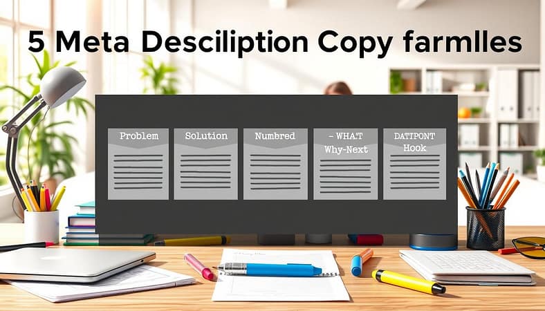 A visually engaging illustration depicting five meta description copy formulas on a modern desk cluttered with creative tools. In the foreground, neatly arranged items include a sleek laptop, a notepad with handwritten notes, and colorful highlighters. The middle layer features five distinct sections labeled with each formula: Problem–Solution, Numbered Benefit, Who–What–Why–Next, Quote Hook, Data Point, designed attractively but without text. The background showcases a bright office space with soft natural light streaming through large windows, creating a warm and inspiring atmosphere. The scene emphasizes professionalism, ideal for a student audience, with a clean and organized aesthetic that invites focus and creativity. A visually engaging illustration depicting five meta description copy formulas on a modern desk cluttered with creative tools. In the foreground, neatly arranged items include a sleek laptop, a notepad with handwritten notes, and colorful highlighters. The middle layer features five distinct sections labeled with each formula: Problem–Solution, Numbered Benefit, Who–What–Why–Next, Quote Hook, Data Point, designed attractively but without text. The background showcases a bright office space with soft natural light streaming through large windows, creating a warm and inspiring atmosphere. The scene emphasizes professionalism, ideal for a student audience, with a clean and organized aesthetic that invites focus and creativity.