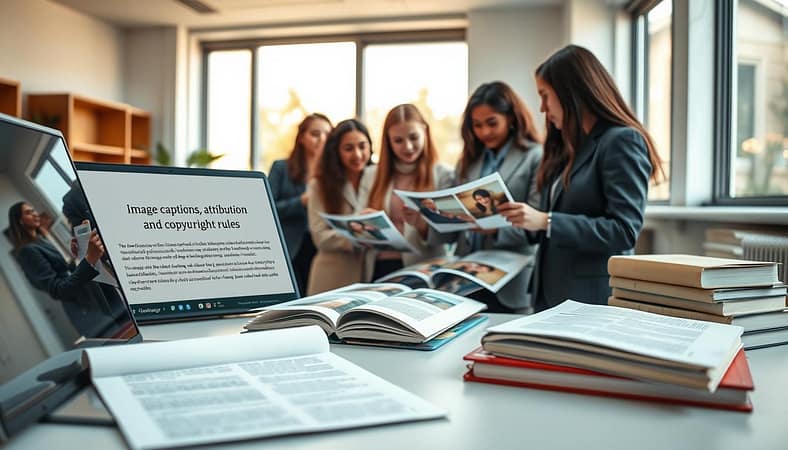 A visually engaging scene depicting a professional setting for student projects focused on image captions, attribution, and copyright rules. In the foreground, a neatly arranged desk with a laptop opened to a document illustrating image optimization concepts. Beside it, a stack of academic books on copyright law and ethical use of images. In the middle, a group of diverse students in professional attire, collaborating and discussing over printed images, highlighting captions and attributions. The background features a well-lit classroom with large windows allowing soft, natural light to flood the interior, enhancing a productive atmosphere. The overall mood is focused, academic, and inspiring, inviting viewers to think critically about the ethical use of images in their work. A visually engaging scene depicting a professional setting for student projects focused on image captions, attribution, and copyright rules. In the foreground, a neatly arranged desk with a laptop opened to a document illustrating image optimization concepts. Beside it, a stack of academic books on copyright law and ethical use of images. In the middle, a group of diverse students in professional attire, collaborating and discussing over printed images, highlighting captions and attributions. The background features a well-lit classroom with large windows allowing soft, natural light to flood the interior, enhancing a productive atmosphere. The overall mood is focused, academic, and inspiring, inviting viewers to think critically about the ethical use of images in their work.