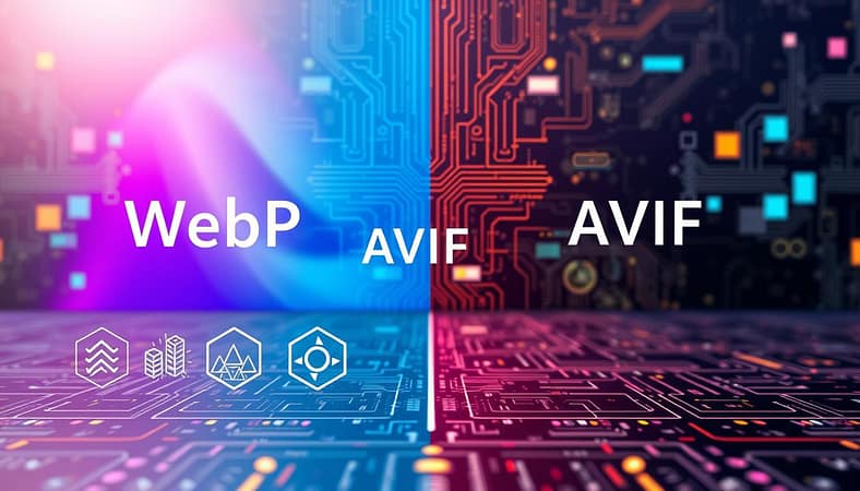 A visually striking comparison of image compression formats, featuring a split-screen design. The left side showcases WebP and AVIF formats with vibrant colors, smooth gradients, and clear details, while the right side displays JPEG and PNG formats with slightly muted colors and more pixelation. In the foreground, include intricate icons or symbols representing each format, emphasizing their unique attributes, such as file size and quality. The middle section blends the two sides with a subtle gradient effect to connect them visually. In the background, a tech-inspired digital landscape, complete with circuit patterns and color palette swatches, subtly enhances the atmosphere. Utilize soft, diffused lighting to create a professional, informative mood, capturing the essence of image optimization and format comparisons without any text or distractions. A visually striking comparison of image compression formats, featuring a split-screen design. The left side showcases WebP and AVIF formats with vibrant colors, smooth gradients, and clear details, while the right side displays JPEG and PNG formats with slightly muted colors and more pixelation. In the foreground, include intricate icons or symbols representing each format, emphasizing their unique attributes, such as file size and quality. The middle section blends the two sides with a subtle gradient effect to connect them visually. In the background, a tech-inspired digital landscape, complete with circuit patterns and color palette swatches, subtly enhances the atmosphere. Utilize soft, diffused lighting to create a professional, informative mood, capturing the essence of image optimization and format comparisons without any text or distractions.