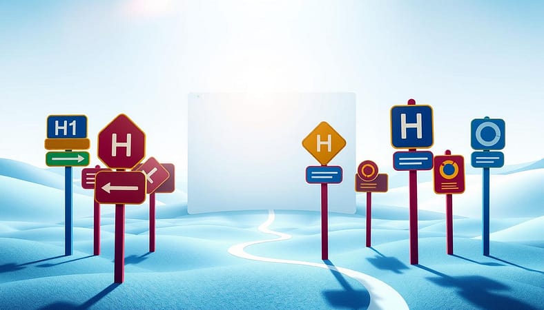 An intricate visual representation of accessibility landmarks in a digital landscape, emphasizing the importance of headings as navigational tools. In the foreground, various stylized headings (H1–H6) are depicted as distinct, colorful signposts, each representing different layers of information hierarchy. The middle ground features a simplified yet modern web page layout, showcasing the clear structure of headings, with softly glowing outlines to indicate their significance. The background includes a serene, abstract landscape symbolizing the internet, with subtle gradients of blue and white, conveying clarity and accessibility. Natural sunlight filters through to create an inviting atmosphere. Use a wide-angle lens perspective to highlight depth, ensuring the focus remains on the signage and structure of headings without distractions. An intricate visual representation of accessibility landmarks in a digital landscape, emphasizing the importance of headings as navigational tools. In the foreground, various stylized headings (H1–H6) are depicted as distinct, colorful signposts, each representing different layers of information hierarchy. The middle ground features a simplified yet modern web page layout, showcasing the clear structure of headings, with softly glowing outlines to indicate their significance. The background includes a serene, abstract landscape symbolizing the internet, with subtle gradients of blue and white, conveying clarity and accessibility. Natural sunlight filters through to create an inviting atmosphere. Use a wide-angle lens perspective to highlight depth, ensuring the focus remains on the signage and structure of headings without distractions.
