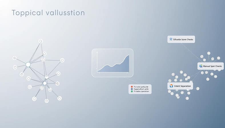 A detailed diagram illustrating "topical clusters validation" in a professional, modern design. In the foreground, feature clear, interconnected node clusters representing different topics, each connected by lines to show relationships. In the middle space, place graphical elements like a silhouette score graph, manual spot checks, and intent separation indicators, visually harmonizing them with the clusters. The background should be a subtle gradient, suggesting a digital workspace atmosphere that conveys clarity and organization. Use soft, neutral lighting that enhances the professionalism of the diagram, incorporating a slight 3D effect to add depth. The overall mood is analytical and focused, ideal for a technical article. Avoid any text or branding elements. A detailed diagram illustrating "topical clusters validation" in a professional, modern design. In the foreground, feature clear, interconnected node clusters representing different topics, each connected by lines to show relationships. In the middle space, place graphical elements like a silhouette score graph, manual spot checks, and intent separation indicators, visually harmonizing them with the clusters. The background should be a subtle gradient, suggesting a digital workspace atmosphere that conveys clarity and organization. Use soft, neutral lighting that enhances the professionalism of the diagram, incorporating a slight 3D effect to add depth. The overall mood is analytical and focused, ideal for a technical article. Avoid any text or branding elements.