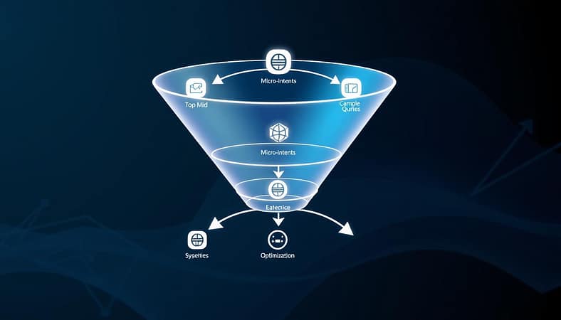 A dynamic funnel mapping optimization loop diagram representing a digital marketing strategy. In the foreground, an abstract funnel structure made of interconnected segments symbolizing top, mid, and bottom queries, with distinct icons representing micro-intents—each segment is illuminated with soft gradient lighting. The middle layer includes arrows and flow lines illustrating the cyclical nature of optimization, guiding the viewer through a continuous improvement process. In the background, subtle geometric shapes and patterns add depth, creating a professional atmosphere. The overall mood is analytical and forward-thinking, reflecting a sense of growth and efficiency. The image is clear, vibrant, and suitable for a business-oriented article. A dynamic funnel mapping optimization loop diagram representing a digital marketing strategy. In the foreground, an abstract funnel structure made of interconnected segments symbolizing top, mid, and bottom queries, with distinct icons representing micro-intents—each segment is illuminated with soft gradient lighting. The middle layer includes arrows and flow lines illustrating the cyclical nature of optimization, guiding the viewer through a continuous improvement process. In the background, subtle geometric shapes and patterns add depth, creating a professional atmosphere. The overall mood is analytical and forward-thinking, reflecting a sense of growth and efficiency. The image is clear, vibrant, and suitable for a business-oriented article.