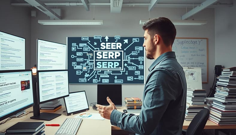 A dynamic workspace showcasing SERP testing query mining in action. In the foreground, a professional individual in business attire analyzes search engine results pages on multiple screens, with highlighted keywords and suggestions around them. The middle layer features a large digital display showing an abstract representation of data flow and keyword trends. The background includes stacks of relevant marketing books and a whiteboard filled with sketches of SEO strategies. Soft, focused lighting enhances the tech-savvy atmosphere, while a wide-angle perspective captures the entire scene. The mood is one of intense focus and innovation, emphasizing rapid validation in digital marketing. A dynamic workspace showcasing SERP testing query mining in action. In the foreground, a professional individual in business attire analyzes search engine results pages on multiple screens, with highlighted keywords and suggestions around them. The middle layer features a large digital display showing an abstract representation of data flow and keyword trends. The background includes stacks of relevant marketing books and a whiteboard filled with sketches of SEO strategies. Soft, focused lighting enhances the tech-savvy atmosphere, while a wide-angle perspective captures the entire scene. The mood is one of intense focus and innovation, emphasizing rapid validation in digital marketing.