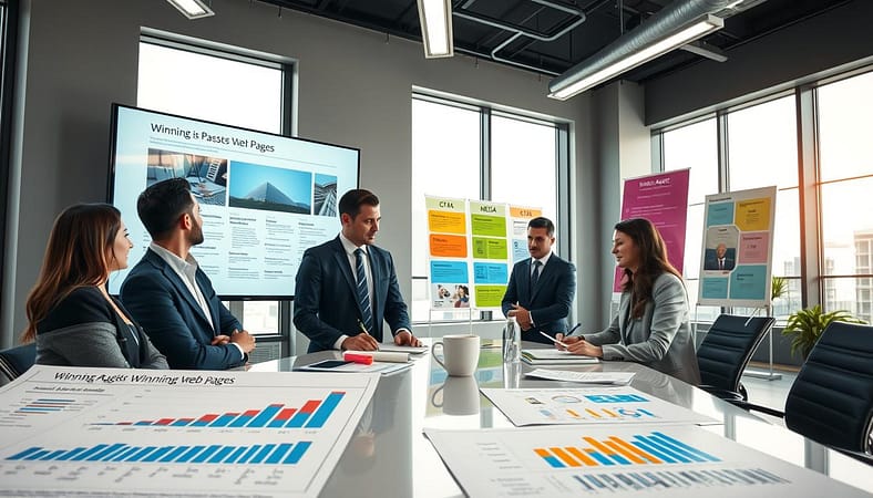 A focused business audit scene depicting a professional setting, where a diverse group of business professionals, dressed in smart business attire, are intently reviewing a large screen displaying winning web pages. In the foreground, charts and graphs are visible, illustrating key metrics of layout, content types, and media performance. The middle ground features individuals taking notes and discussing insights around a modern conference table, surrounded by colorful posters highlighting FAQs, CTAs, and schema structures. The background shows a sleek, well-lit office environment with large windows allowing natural light to enhance the atmosphere. The overall mood conveys a sense of collaboration, diligence, and strategic analysis, promoting a forward-thinking approach to digital audit practices. A focused business audit scene depicting a professional setting, where a diverse group of business professionals, dressed in smart business attire, are intently reviewing a large screen displaying winning web pages. In the foreground, charts and graphs are visible, illustrating key metrics of layout, content types, and media performance. The middle ground features individuals taking notes and discussing insights around a modern conference table, surrounded by colorful posters highlighting FAQs, CTAs, and schema structures. The background shows a sleek, well-lit office environment with large windows allowing natural light to enhance the atmosphere. The overall mood conveys a sense of collaboration, diligence, and strategic analysis, promoting a forward-thinking approach to digital audit practices.