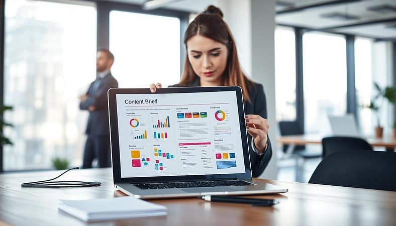 A professional setting showcasing a modern office workspace as a resourceful content brief template. The foreground features a sleek, organized desk with a laptop open to a visually engaging content brief document, displaying colorful charts and flow diagrams. Beside the laptop, a notepad and pen rest on a minimalist wooden surface. In the middle, a focused business professional, a woman in smart-casual attire, is analyzing the template, her expression intent and thoughtful. The background reveals a bright, well-lit office with large windows, soft natural light flooding in, casting gentle shadows. The atmosphere is collaborative and innovative, emphasizing productivity and strategic execution. Shot with a shallow depth of field to draw attention to the brief template and the professional's engagement. A professional setting showcasing a modern office workspace as a resourceful content brief template. The foreground features a sleek, organized desk with a laptop open to a visually engaging content brief document, displaying colorful charts and flow diagrams. Beside the laptop, a notepad and pen rest on a minimalist wooden surface. In the middle, a focused business professional, a woman in smart-casual attire, is analyzing the template, her expression intent and thoughtful. The background reveals a bright, well-lit office with large windows, soft natural light flooding in, casting gentle shadows. The atmosphere is collaborative and innovative, emphasizing productivity and strategic execution. Shot with a shallow depth of field to draw attention to the brief template and the professional's engagement.