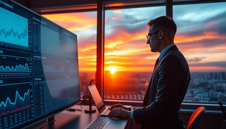 A serene and analytical workspace at sunset, showcasing a large, intricate digital dashboard in the foreground, filled with graphs and charts representing keyword analysis. In the middle ground, a professional dressed in business attire intently studies the data, a laptop open beside them, illuminated by soft, warm light. The background features a large window revealing a stunning sunset over a city skyline, with vibrant oranges and purples blending into the deepening blue sky. The atmosphere conveys a sense of reflection on data trends, with a mood of contemplation and strategic decision-making. The lighting casts gentle shadows, enhancing the complexity of the workspace while maintaining an inviting ambiance. Focus on clarity and detail in the data displays, with a shallow depth of field to emphasize the subject's engagement. A serene and analytical workspace at sunset, showcasing a large, intricate digital dashboard in the foreground, filled with graphs and charts representing keyword analysis. In the middle ground, a professional dressed in business attire intently studies the data, a laptop open beside them, illuminated by soft, warm light. The background features a large window revealing a stunning sunset over a city skyline, with vibrant oranges and purples blending into the deepening blue sky. The atmosphere conveys a sense of reflection on data trends, with a mood of contemplation and strategic decision-making. The lighting casts gentle shadows, enhancing the complexity of the workspace while maintaining an inviting ambiance. Focus on clarity and detail in the data displays, with a shallow depth of field to emphasize the subject's engagement.