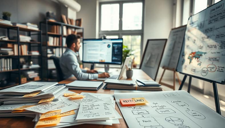 A serene office environment with a focal point of a professional sitting at a desk, deeply engaged in analyzing data from a computer screen displaying various search queries, support tickets, and customer feedback. In the foreground, close-up of organized papers and sticky notes annotated with diverse keyword ideas. The middle ground showcases shelves stocked with reference books, a notepad filled with ideas, and a whiteboard covered in diagrams illustrating connections between questions and keywords. The background features large windows allowing natural light to fill the room, casting soft shadows for a warm atmosphere. The mood is focused and analytical, capturing the essence of research and discovery in the quest for keyword optimization. A serene office environment with a focal point of a professional sitting at a desk, deeply engaged in analyzing data from a computer screen displaying various search queries, support tickets, and customer feedback. In the foreground, close-up of organized papers and sticky notes annotated with diverse keyword ideas. The middle ground showcases shelves stocked with reference books, a notepad filled with ideas, and a whiteboard covered in diagrams illustrating connections between questions and keywords. The background features large windows allowing natural light to fill the room, casting soft shadows for a warm atmosphere. The mood is focused and analytical, capturing the essence of research and discovery in the quest for keyword optimization.