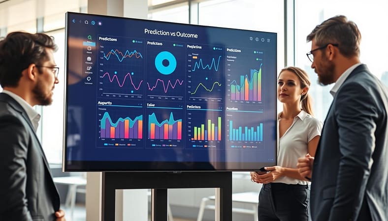 A sleek, modern dashboard displaying a dynamic "prediction vs outcome" analysis interface. In the foreground, a large digital screen showcases colorful graphs and charts, with data points clearly illustrating the correlations between predictions and actual outcomes. The middle ground features business professionals, dressed in professional attire, engaged in reviewing the dashboard, with expressions of concentration and insight. The background includes a contemporary office setting with large windows allowing natural light to flood the room, enhancing the mood of productivity. Use a wide-angle lens to capture the full context of the dashboard and the engaged team. The atmosphere is focused and collaborative, highlighting the importance of accuracy in data tracking. A sleek, modern dashboard displaying a dynamic "prediction vs outcome" analysis interface. In the foreground, a large digital screen showcases colorful graphs and charts, with data points clearly illustrating the correlations between predictions and actual outcomes. The middle ground features business professionals, dressed in professional attire, engaged in reviewing the dashboard, with expressions of concentration and insight. The background includes a contemporary office setting with large windows allowing natural light to flood the room, enhancing the mood of productivity. Use a wide-angle lens to capture the full context of the dashboard and the engaged team. The atmosphere is focused and collaborative, highlighting the importance of accuracy in data tracking.