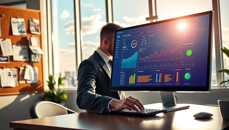A vibrant digital workspace illustrating "SEO nowcasting data feeds". In the foreground, a sleek computer monitor displays an interactive dashboard filled with colorful graphs, trend lines, and weather icons. A professional in business attire is typing notes on a keyboard, deeply focused. In the middle ground, large windows reveal a sunny skyline, with subtle weather elements like passing clouds and a faint sunbeam creating a warm atmosphere. To the left, a corkboard is pinned with news articles, sports event schedules, and retail promotions, showing the connection between real-world events and data analysis. The image has a bright and optimistic lighting setup, with a slightly blurred background enhancing the clarity of the foreground details. The overall mood is dynamic, emphasizing the integration of technology and analytics in predicting trending keywords. A vibrant digital workspace illustrating "SEO nowcasting data feeds". In the foreground, a sleek computer monitor displays an interactive dashboard filled with colorful graphs, trend lines, and weather icons. A professional in business attire is typing notes on a keyboard, deeply focused. In the middle ground, large windows reveal a sunny skyline, with subtle weather elements like passing clouds and a faint sunbeam creating a warm atmosphere. To the left, a corkboard is pinned with news articles, sports event schedules, and retail promotions, showing the connection between real-world events and data analysis. The image has a bright and optimistic lighting setup, with a slightly blurred background enhancing the clarity of the foreground details. The overall mood is dynamic, emphasizing the integration of technology and analytics in predicting trending keywords.