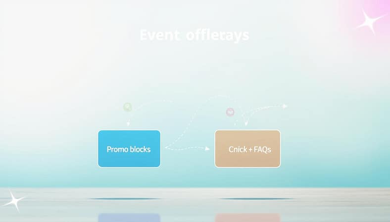 A visually engaging strategy diagram illustrating "event overlays" in a modern context. In the foreground, a clean layout featuring boxes depicting "re-date + refresh," "promo blocks," "quick FAQs," and "short videos," each highlighted with distinct colors and icons symbolizing their function. The middle ground includes flowing arrows and dotted lines connecting these elements, suggesting a dynamic interaction among content strategies. The background should feature a subtle gradient of soft blues and greens to evoke a calm yet strategic atmosphere. The lighting should be bright, emphasizing clarity and professionalism, with a slight lens flare effect to add depth. Overall, the image should convey a sense of organized planning and forward-thinking innovation within content strategy, suitable for a professional audience. A visually engaging strategy diagram illustrating "event overlays" in a modern context. In the foreground, a clean layout featuring boxes depicting "re-date + refresh," "promo blocks," "quick FAQs," and "short videos," each highlighted with distinct colors and icons symbolizing their function. The middle ground includes flowing arrows and dotted lines connecting these elements, suggesting a dynamic interaction among content strategies. The background should feature a subtle gradient of soft blues and greens to evoke a calm yet strategic atmosphere. The lighting should be bright, emphasizing clarity and professionalism, with a slight lens flare effect to add depth. Overall, the image should convey a sense of organized planning and forward-thinking innovation within content strategy, suitable for a professional audience.