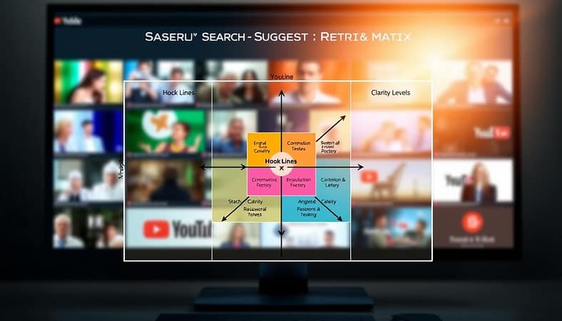 A visually striking "YouTube Search-Suggest Clarity Matrix" diagram featuring a grid layout. In the foreground, a clear and organized matrix with the X-axis labeled "Hook Lines" and the Y-axis labeled "Clarity Levels," intersecting at the center. The middle layer includes vibrant colors representing different keyword categories, with arrows and icons illustrating connection points. Add soft shadows to enhance depth and clarity. In the background, a blurred silhouette of a computer screen with video thumbnails displaying engaging visuals to suggest the application of the matrix concept. Use bright, natural lighting to create an inspiring and professional atmosphere, emphasizing creativity and insightfulness. The overall mood should be motivational, inviting viewers to engage in effective video keyword research. A visually striking "YouTube Search-Suggest Clarity Matrix" diagram featuring a grid layout. In the foreground, a clear and organized matrix with the X-axis labeled "Hook Lines" and the Y-axis labeled "Clarity Levels," intersecting at the center. The middle layer includes vibrant colors representing different keyword categories, with arrows and icons illustrating connection points. Add soft shadows to enhance depth and clarity. In the background, a blurred silhouette of a computer screen with video thumbnails displaying engaging visuals to suggest the application of the matrix concept. Use bright, natural lighting to create an inspiring and professional atmosphere, emphasizing creativity and insightfulness. The overall mood should be motivational, inviting viewers to engage in effective video keyword research.