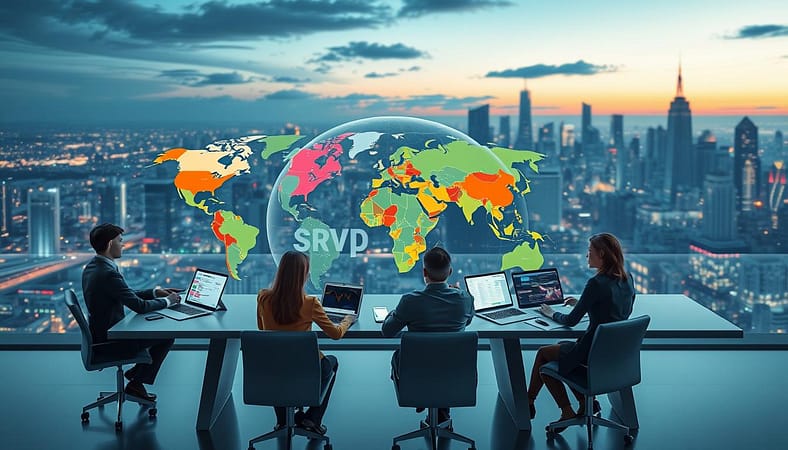 A visually striking illustration of localization clusters, depicting interconnected nodes representing different countries. In the foreground, a diverse group of professionals in business attire work collaboratively at a sleek, modern table, analyzing geographical maps and digital screens displaying SERP data. The middle layer features overlapping transparent globes highlighting distinct language zones, with vibrant color codes indicating various keyword clusters. In the background, a futuristic city skyline under a twilight sky, illuminated by soft, warm lights, suggests global connectivity and innovation. Use a wide-angle lens to capture the depth and complexity of the scene, with a focus on creating a dynamic and engaging atmosphere of teamwork and strategy in international keyword research. A visually striking illustration of localization clusters, depicting interconnected nodes representing different countries. In the foreground, a diverse group of professionals in business attire work collaboratively at a sleek, modern table, analyzing geographical maps and digital screens displaying SERP data. The middle layer features overlapping transparent globes highlighting distinct language zones, with vibrant color codes indicating various keyword clusters. In the background, a futuristic city skyline under a twilight sky, illuminated by soft, warm lights, suggests global connectivity and innovation. Use a wide-angle lens to capture the depth and complexity of the scene, with a focus on creating a dynamic and engaging atmosphere of teamwork and strategy in international keyword research.