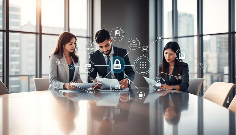 An abstract representation of internal data mining governance. In the foreground, a diverse group of three professionals in business attire (a Caucasian woman, a Hispanic man, and an Asian woman) are collaborating around a sleek, modern conference table, examining documents and digital displays. In the middle, visualize interconnected network diagrams and icons representing various data points like privacy, redaction, and PII handling, subtly overlaying a holographic interface. The background features a contemporary office space with large windows allowing soft, natural light to flood in, casting a warm and focused atmosphere. Capture the essence of professionalism, teamwork, and the complex nature of data governance, emphasizing a sense of innovation and safeguarding information. An abstract representation of internal data mining governance. In the foreground, a diverse group of three professionals in business attire (a Caucasian woman, a Hispanic man, and an Asian woman) are collaborating around a sleek, modern conference table, examining documents and digital displays. In the middle, visualize interconnected network diagrams and icons representing various data points like privacy, redaction, and PII handling, subtly overlaying a holographic interface. The background features a contemporary office space with large windows allowing soft, natural light to flood in, casting a warm and focused atmosphere. Capture the essence of professionalism, teamwork, and the complex nature of data governance, emphasizing a sense of innovation and safeguarding information.