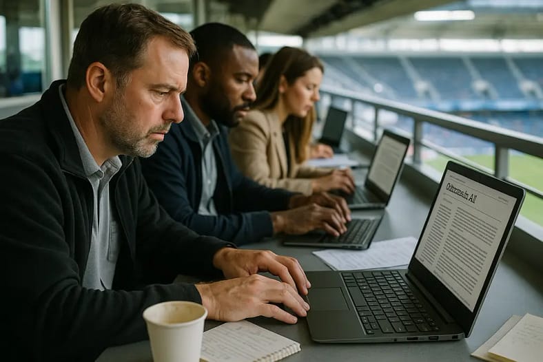 Editor reviewing AI citations and earned media notes on a laptop