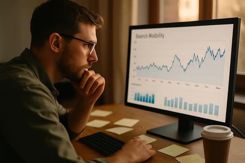 AI Search Visibility dashboard on a desk with notes and content planning sheets