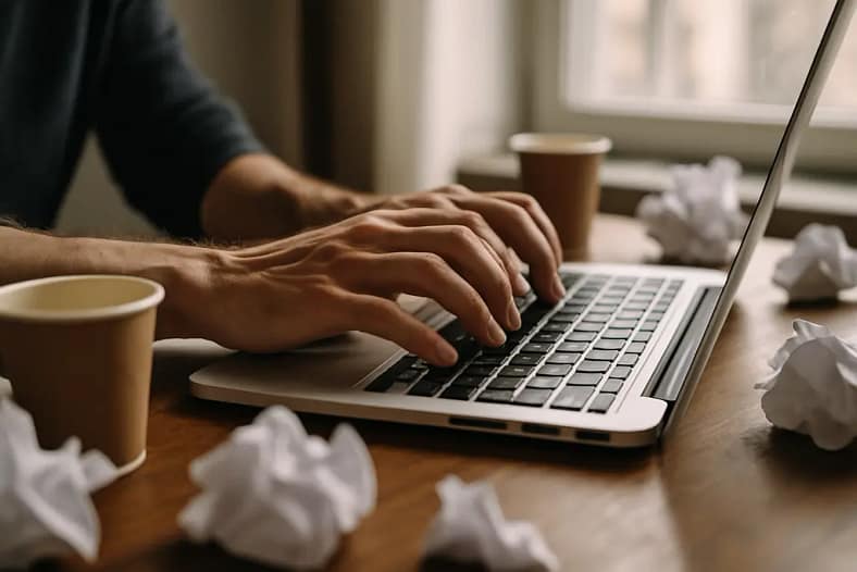 Editor reviewing AI style theft protection notes beside draft pages