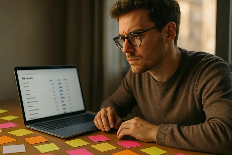 Editor reviewing BlazeHive Keyword Research data for a content planning calendar