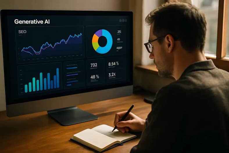 Generative AI reports dashboard reviewed on a laptop by an SEO analyst