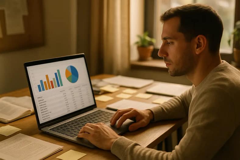 MeasureBoard Keyword Tool dashboard reviewed by a content strategist at a desk