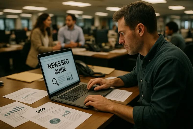Editor reviewing a news SEO guide checklist on a laptop