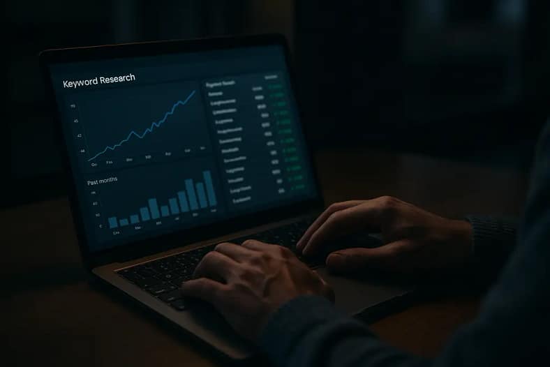 Analyst reviewing Real-Time Keyword Discovery data on a content planning dashboard