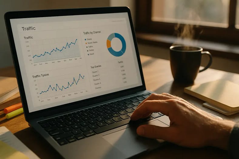 Analyst reviewing Usnews.com Traffic charts on a desktop dashboard