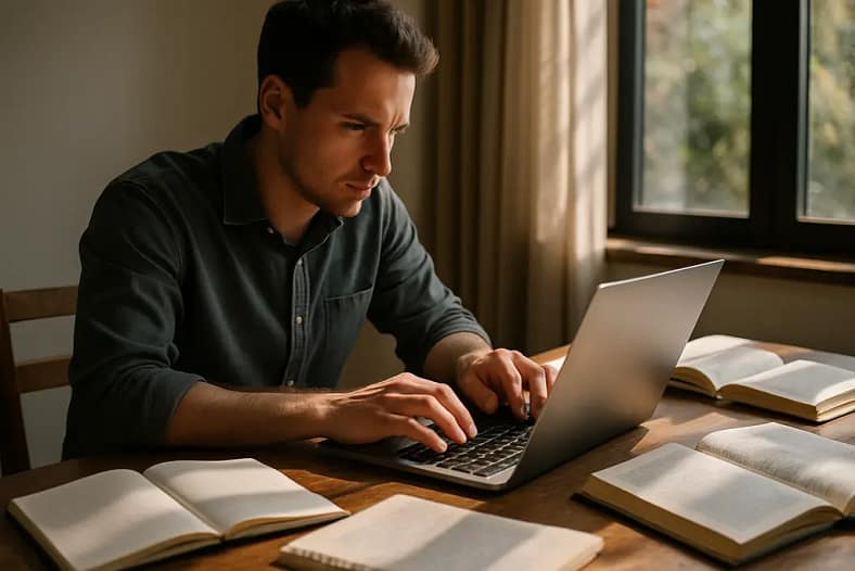 Structured Writing plan with headings, notes, and analytics on a desk