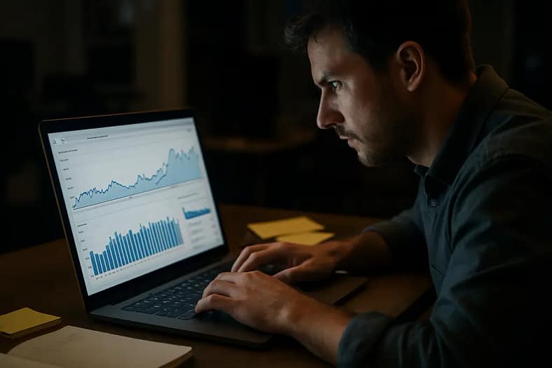 Analyst reviewing content performance charts after a Google spam update