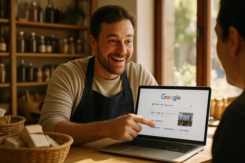 Small business owner reviewing Google Business Profile visibility metrics