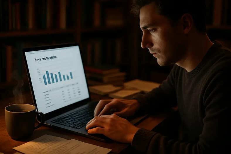 Content writer reviewing keyword demand trends on a laptop dashboard