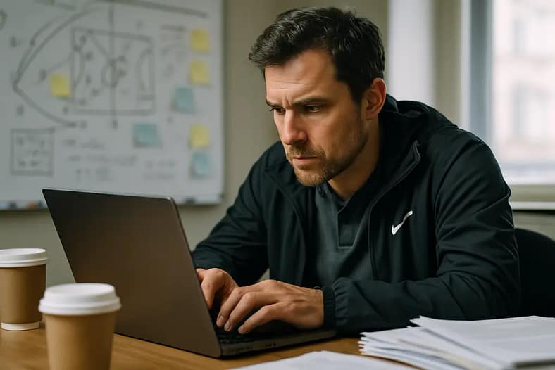 Editor reviewing news website definition notes beside a monthly content calendar