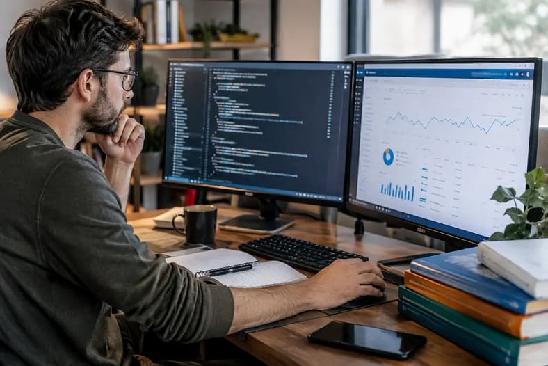 Editor reviewing On-Page SEO Updates checklist beside analytics charts