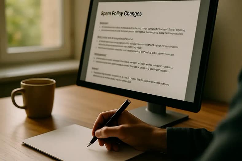 Editor reviewing spam policy changes on a content audit dashboard